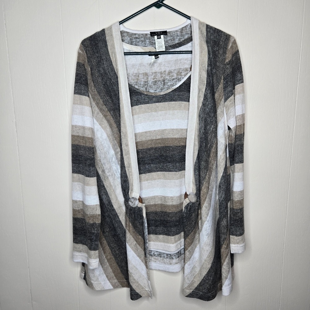 Vex Collection Tank/Cardigan Set 42 Gray Beige White Striped European Minimalist